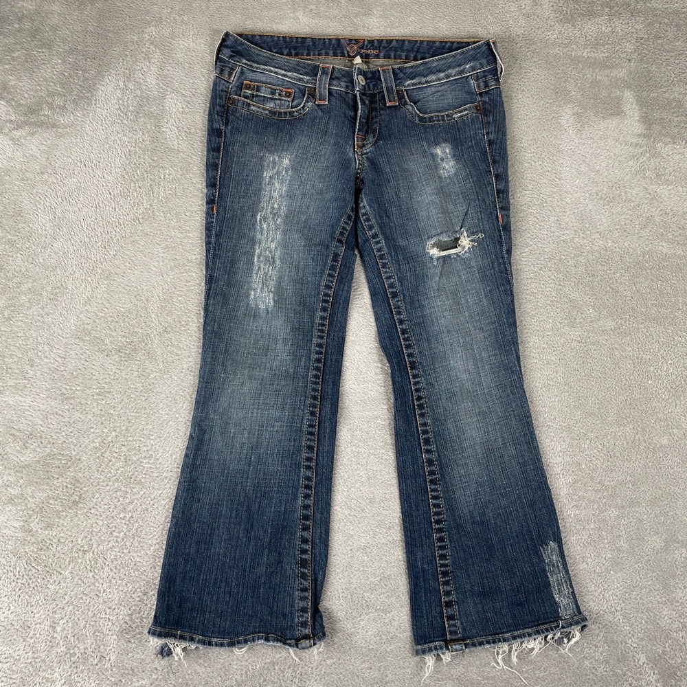 Bebe Jeans Womens 29 Blue Rhinestone Y2K Low Rise Distressed Bootcut Denim